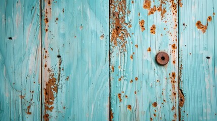 Canvas Print -  A blue wooden wall is adorned with peeling, rusted paint The door features a rusted metal knob on its side