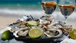 © JP STUDIO LAB - A dish of oysters and limes on a beach with beautiful weather and a sea wave in the backdrop