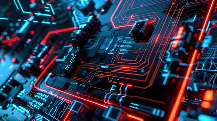 Poster - Close Up of a Futuristic Circuit Board With Red and Blue Lights