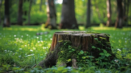 Canvas Print - a tree stump in a green forest with flowers