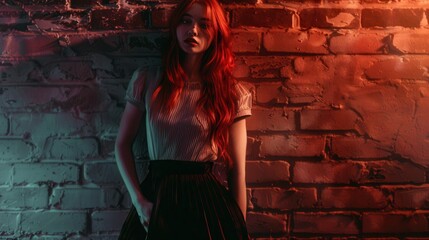 Canvas Print - a woman with red hair standing in front of a brick wall