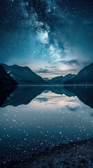 Wall Mural - the night sky is reflected in the still water of a lake - generative ai