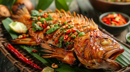 Wall Mural - asian style, whole fried fish sprinkled with chili and garlic sauce on top