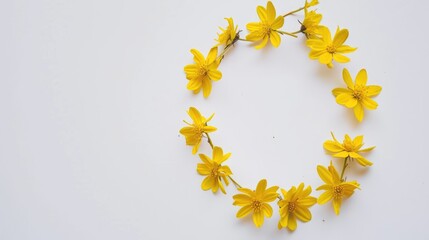 Canvas Print - Yellow flower wreath on white background for Easter and spring concept Flat lay with copy space