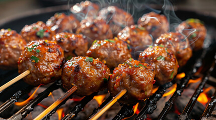 Wall Mural - meatballs on sticks being grilled over an open fire, with smoke rising from the grill and flames flickering around them