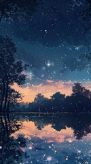 Wall Mural - the night sky is reflected in the still water of a lake - generative ai