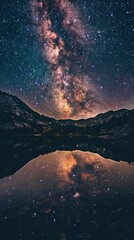 Wall Mural - the night sky is reflected in the still water of a lake - generative ai