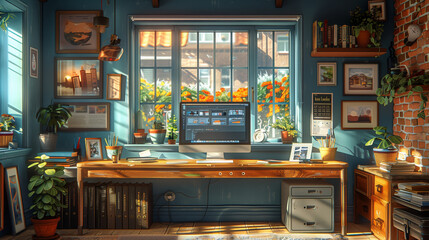 Poster - A home office with a desk, computer, bookshelves, and a window overlooking a garden.