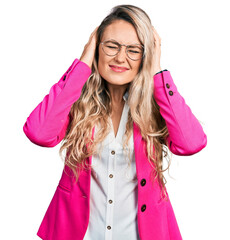 Poster - Young blonde woman wearing business style and glasses suffering from headache desperate and stressed because pain and migraine. hands on head.