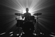 © Jaraliem - Photorealistic Three-Quarter View, Monochromatic, Cinematic Still of a white silhouetted male rocker drums player, backlighting