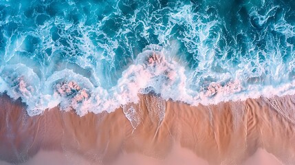 Overhead view of ocean waves gently hitting a rocky shore, in sapphire and light coral, ultra HD, minimalist and elegant