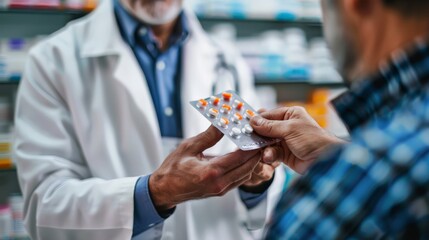 Poster - Pharmacist handing blister pack of pills to customer in a pharmacy. Healthcare, patient care, and medication dispensing.