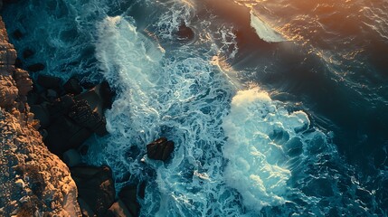 Overhead view of ocean waves meeting a rocky coastline, in bright cyan and sunset orange, ultra HD, minimalistic and bold