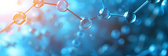 Poster - Blue molecular structure with dark background. Scientific research in biotechnology and healthcare innovation.