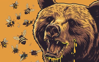 Wall Mural - A brown bear that is slobbering with honey bees swarming around the bears head team logo cartoon illustration