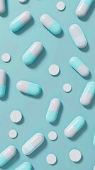 Poster - Flat lay of white and blue capsules and round pills on a blue surface. Medicine and pharmaceutical concept for healthcare.