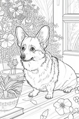 Poster - A corgi playing cluttered maximalism coloring page black and white outline monochrome simple outline 