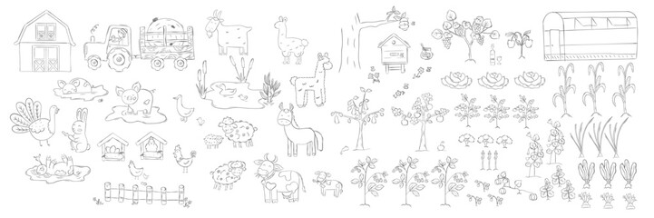 Big set of doodles life on the farm. Sketch or big coloring page of village life. Animals, garden and vegetable garden. Vector illustration. 