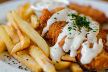 Canvas Print - Fish and chips with creamy tartar sauce and parsley on a white plate.