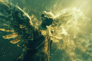 Poster - A statue of an angel with outstretched wings appears in the sky, a symbol of hope and protection