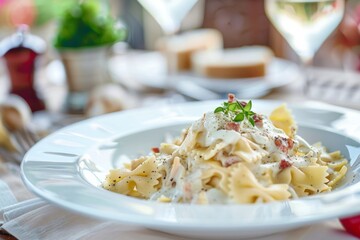 Canvas Print - Pasta with creamy sauce and herbs on a white plate.