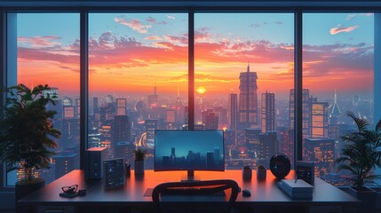 Poster - A modern office desk with a large monitor and various office, supplies sits in front of a large window with a stunning view of a city skyline during sunset.