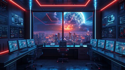 Poster - A futuristic control room with a large window overlooking a city at night, with a glowing, networked globe in the sky.