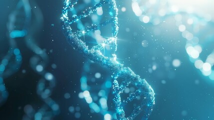 Poster - DNA strand with sparkling light particles in a blue background. Advanced genetic research and biotechnology concept for medical and scientific use.