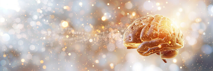 A banner with a glowing neon layout of the human brain on a background of flickering, blurred luminous bokeh, a light shimmering background. Copy space. 