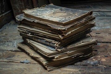 Poster - Stack of vintage books on wooden floor, suitable for academic or literary themed images