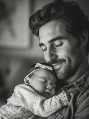 Wall Mural - Father holding her newborn baby in the early morning