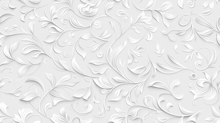 Wall Mural - A close-up of a white, 3D floral pattern with swirling vines and intricate details SEAMLESS PATTERN