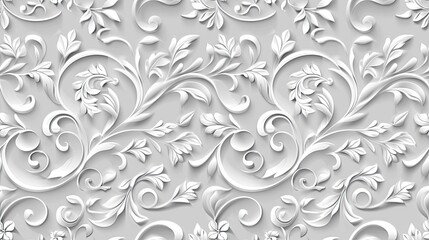 a close-up of a white, 3d floral pattern with swirling vines and intricate details seamless pattern
