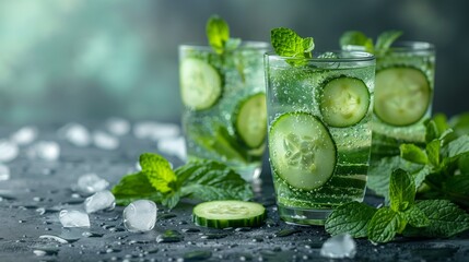 Wall Mural - Three glasses of cucumber and mint infused water with ice on a dark surface.