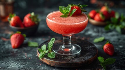 Wall Mural - A refreshing strawberry mint cocktail, garnished with fresh fruit and mint leaves, sits on a dark tabletop.