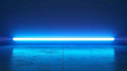 Wall Mural - A vibrant blue neon light tube placed horizontally on a concrete floor, illuminating the surroundings with a striking fluorescent glow, creating a modern, futuristic ambiance.