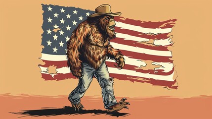 A playful cartoon-style illustration of Bigfoot walking confidently in jeans and a cowboy hat, with a torn American flag in the background symbolizing a mix of folklore and patriotism.