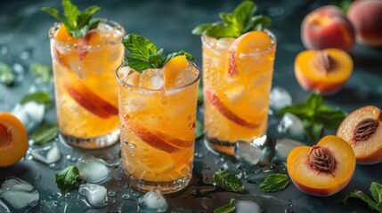 Wall Mural - Refreshing summer beverages with peach slices and mint garnishes, served in tall glasses filled with ice.