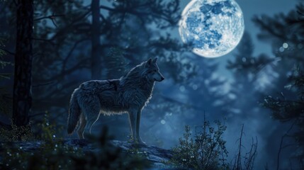 Canvas Print - A lone wolf standing on a rock in the woods, suitable for nature and wildlife photography