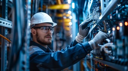 Poster - A technician wearing safety glasses and a hard hat carefully adjusts wires in a server room, illuminated by fluorescent lighting