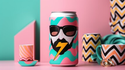 A bold and colorful packaging design for a can of energy drink. The packaging features an illustration of a lightning bolt and a vibrant color scheme.