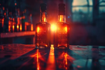 Poster - Two empty bottles of whiskey sit on a wooden table, great for a party or celebration photo