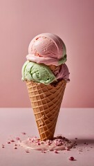 Wall Mural - Ice cream scoops on soft pink background. Minimalistic summer dessert theme