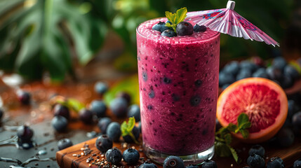 Wall Mural - A glass of blended blueberry smoothie garnished with mint and a grapefruit slice, surrounded by fresh blueberries.