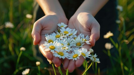 Sticker - Small white daisies and girl s hands