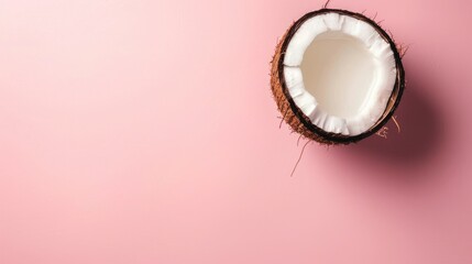 Canvas Print - Coconut with oil on pink background top view copy space