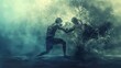 © Damerfie - This image portrays a mysterious and powerful encounter between two fighters in an ethereal and abstract misty environment, highlighting their strength and determination.