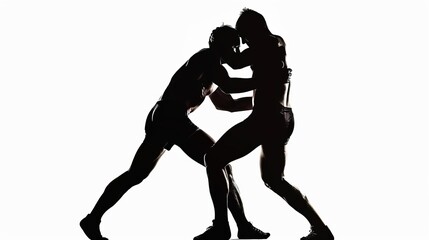 This image captures two athletes wrestling in a dramatic and intense showdown. Their body language and movements emphasize the physical and mental demands of wrestling.