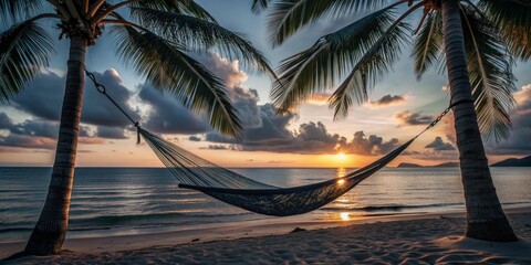 Wall Mural - Generative ai. tropical beach, serene sunset, hammock between palm trees, calm ocean waves, golden hour, dramatic clouds, peaceful landscape, relaxing atmosphere, summer vacation, scenic view
