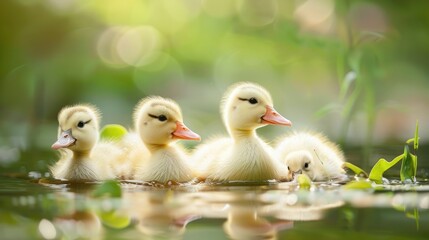 Poster - Adorable white ducklings paddle in the pond